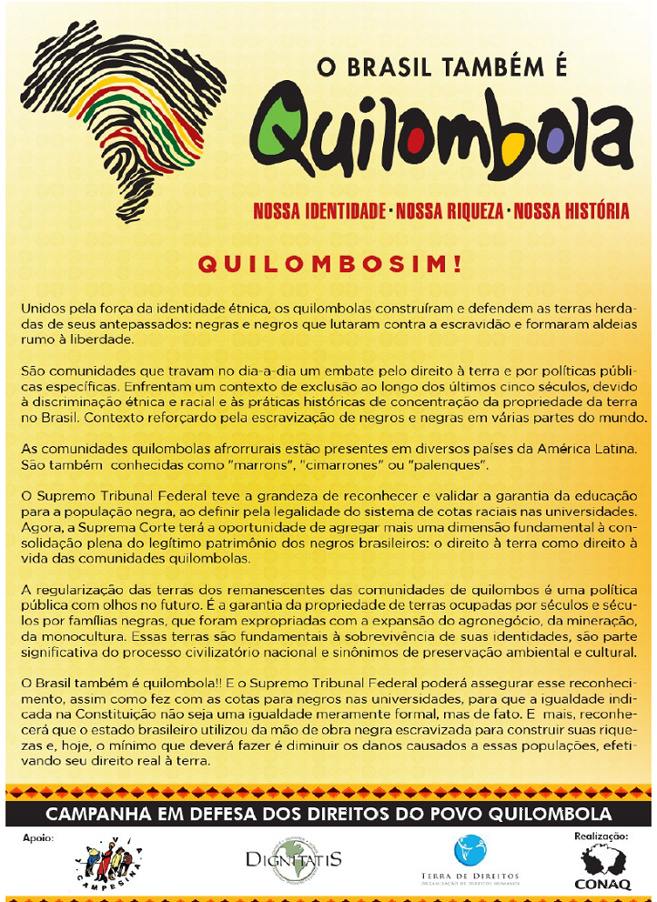 Campanha pede apoio da sociedade na defesa das comunidades quilombolas