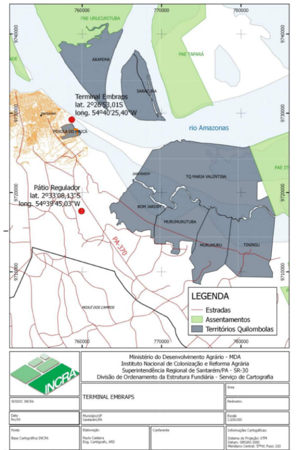 Mapa e dados extraídos do OFÍCIO/INCRA/GAB/SR(30)/N° 71/2016